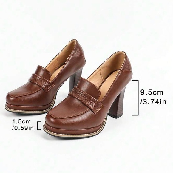 NEW Heeled Loafers Wood Grain Chunky Heel Platform Squared Toe Pumps Brown sz 9 - Picture 7 of 8